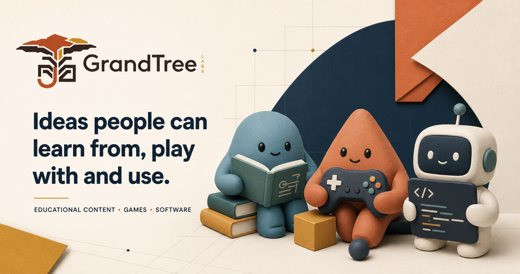 Three friendly characters representing learning, games, and software